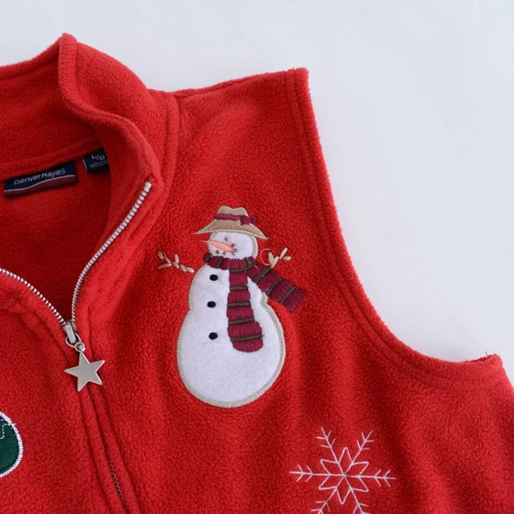 Vintage Denver Hayes Red Embroidered Snowman Festive Fleece Zip Sweater Vest L - Picture 8 of 9